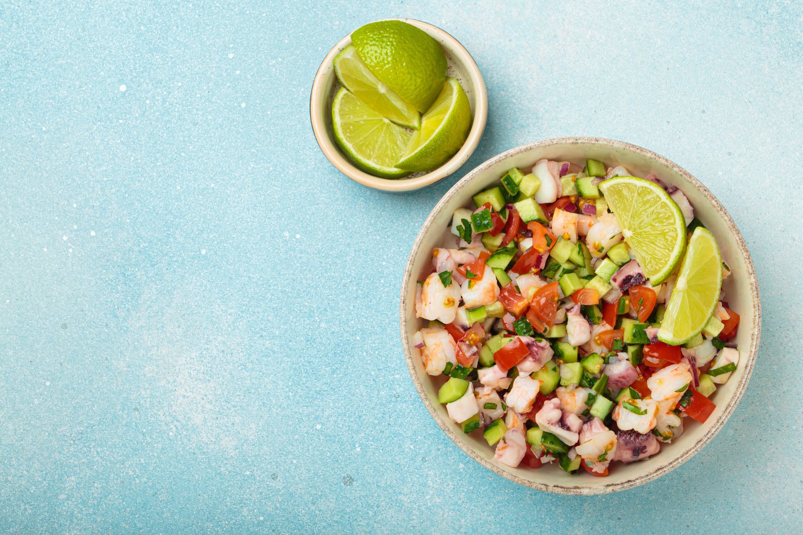 Fresh Caribbean seafood ceviche with lime in Costa Maya, Mexico