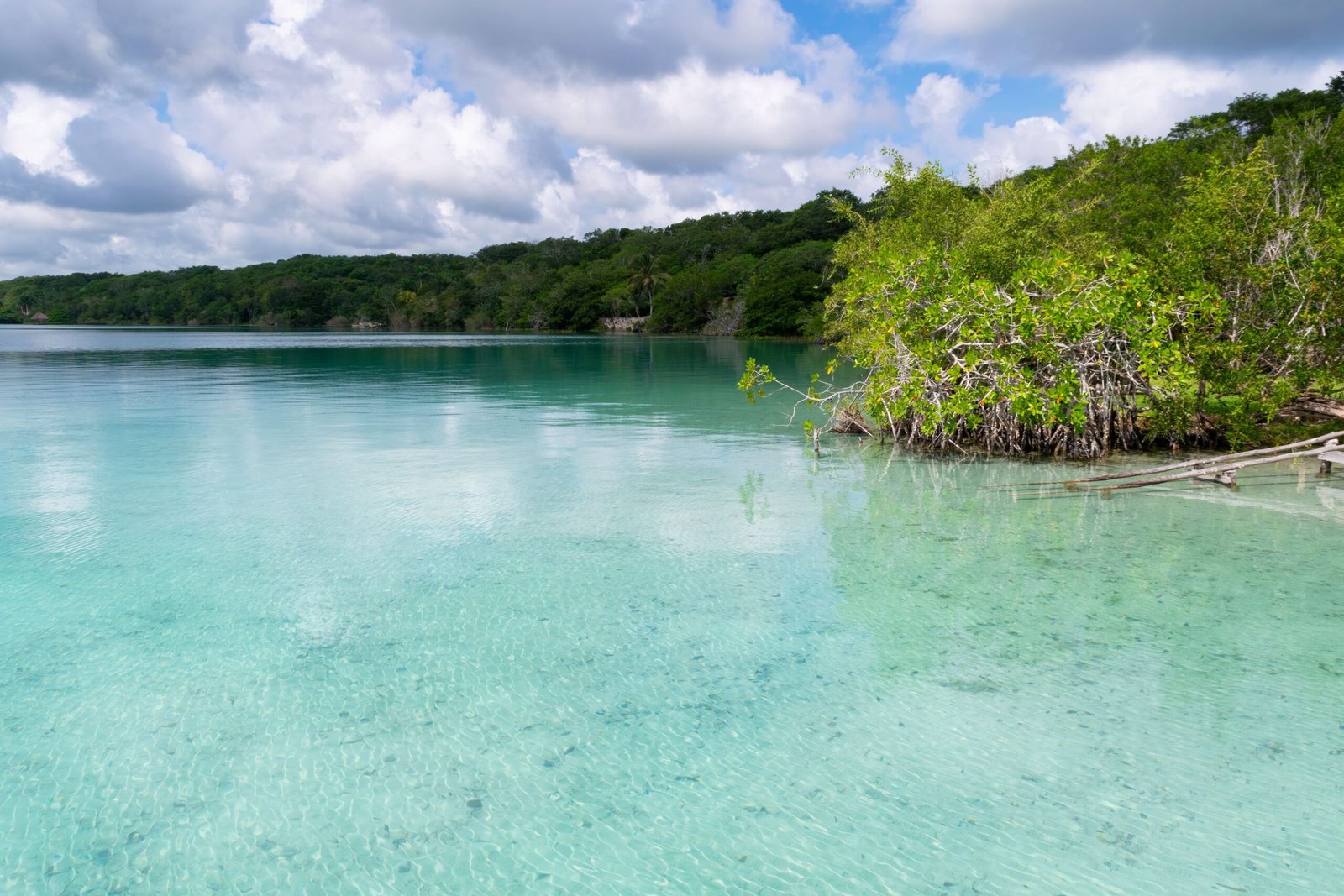 Panoramic view of Bacalar Lagoon and its turquoise freshwater